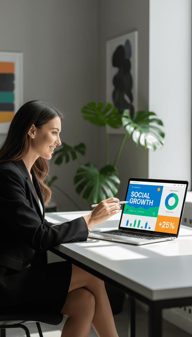 Marketing professional reviewing social media analytics and campaign data on laptop