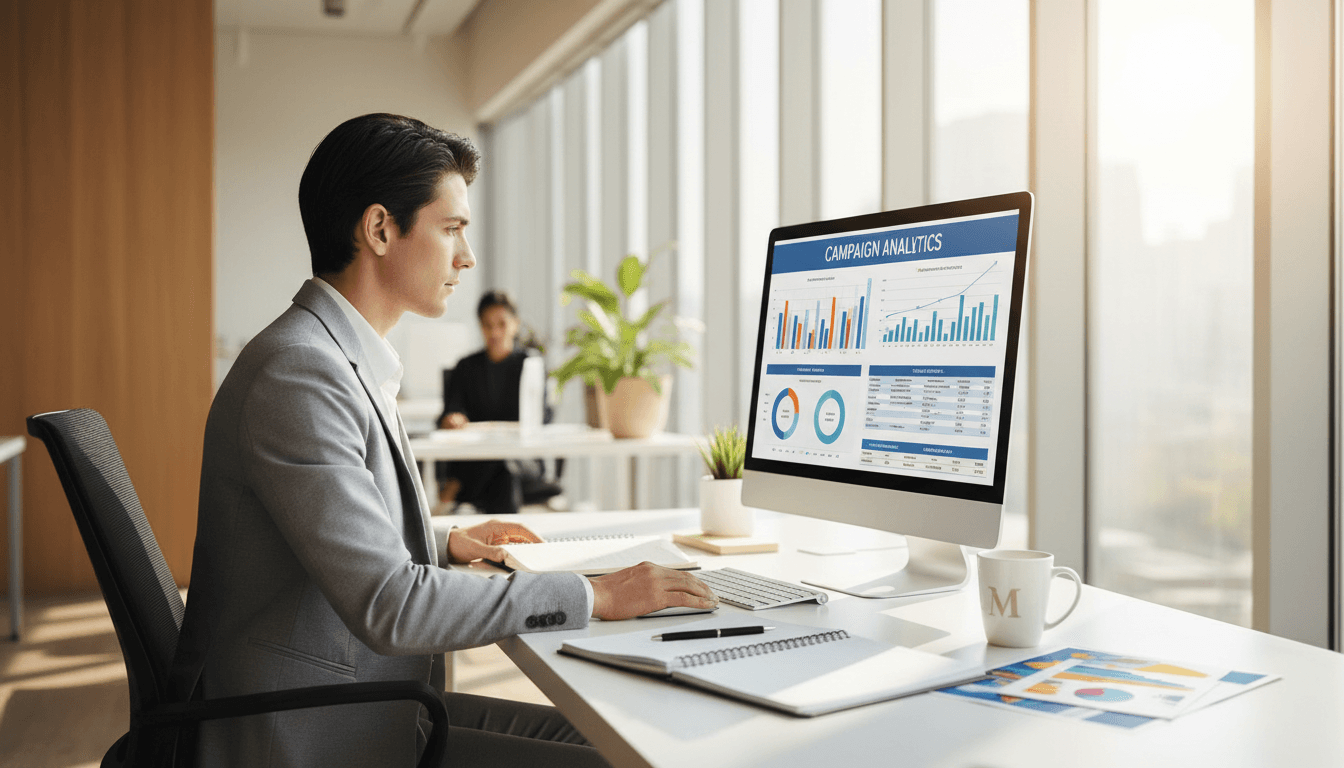Marketing workspace with professional reviewing campaign analytics